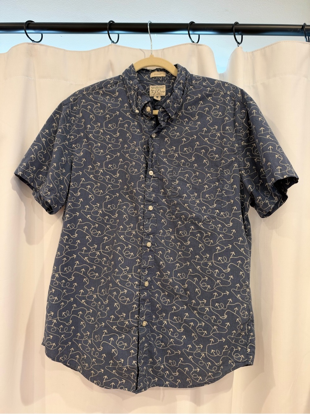 J. Crew Short-Sleeve Button-Down Shirt in Navy with White Abstract Print